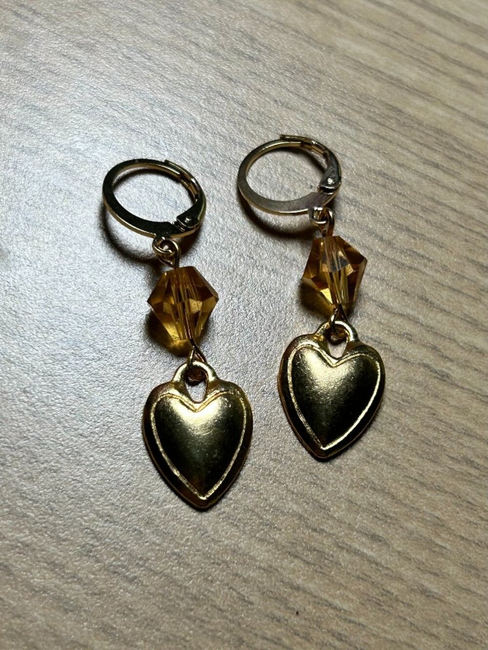 Handmade Gold Puff Heart & Amber Crystal Leverback Earrings